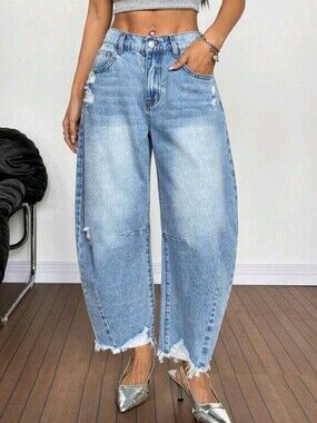 Summer PETITE Women's Casual Y2K High Waist Distressed Barrel Jeans